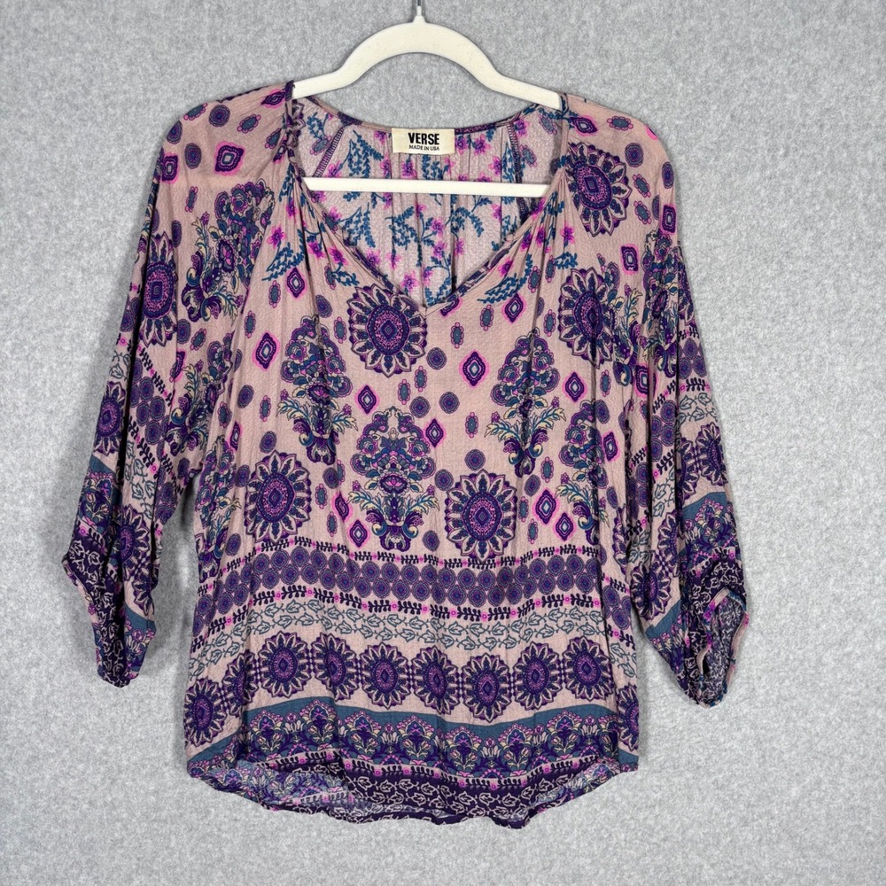 Verse Paisley Boho Blouse Medium Purple Pink Medallion Print Peasant Artsy Flowy